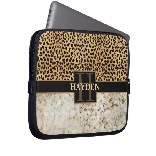 Leopard-Stellen-Marmor-Monogramm Laptopschutzhülle (Vorne Rechts)