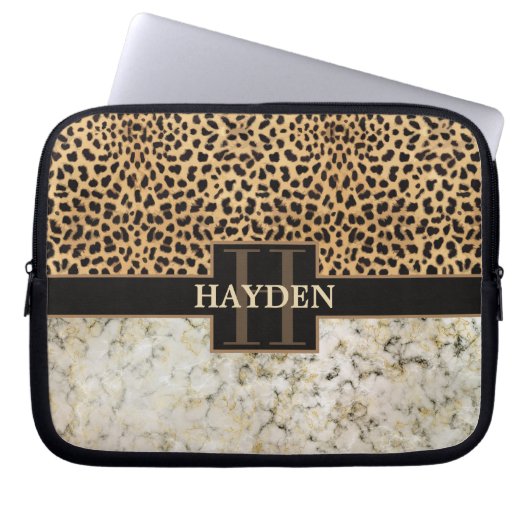 Leopard-Stellen-Marmor-Monogramm Laptopschutzhülle (Vorderseite)