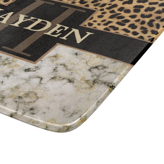 Leopard-Stellen-Marmor-Monogramm-Name Schneidebrett (Ecke)
