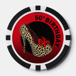 Leopard Stiletto 50. Geburtstag rot schwarz Pokerchips