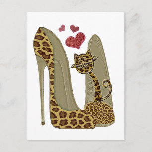 Leopard Stiletto Shoes and Cat Art Postkarte