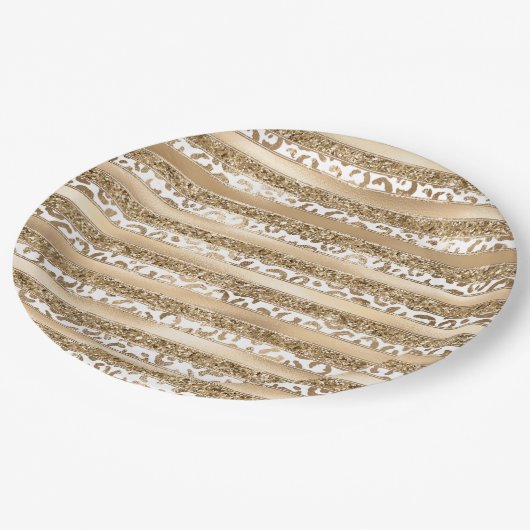 Leopard-Streifen aus Gold Glitzer Pappteller (Schrägansicht)