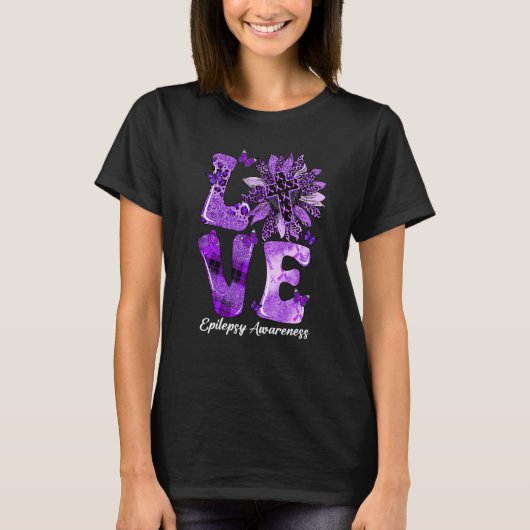 Leopard Sunflower LOVE Purple Ribbon Epilepsy Awar T-Shirt (Vorderseite)