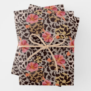 Leopard Tierdruck Blumen Geschenkpapier Set