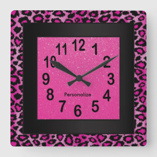 Leopard-Tierdruck mit Hot Rosa und Schwarz Quadratische Wanduhr