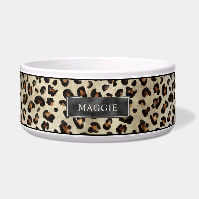 Leopard-Tierdruck mit schwarzer Faux-Folie und Nam Napf (Vorderseite)