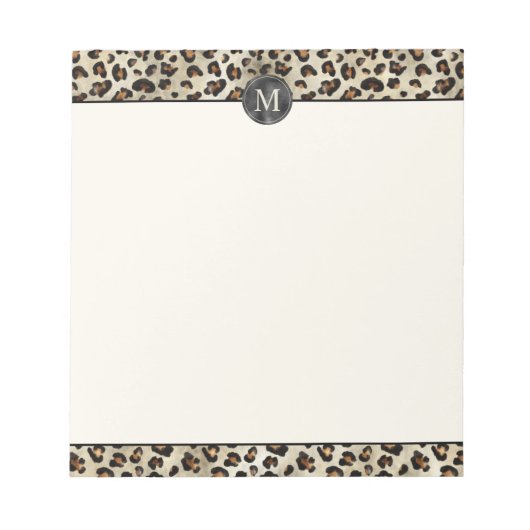 Leopard-Tierdruck mit schwarzer Fauxfolie-Monogram Notizblock (Vorderseite)