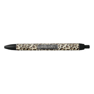 Leopard-Tierdruck mit schwarzer Fauxfolie und Name Kugelschreiber