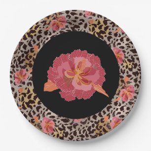 Leopard-Tierdruck und rosa Blumen auf Schwarz Pappteller