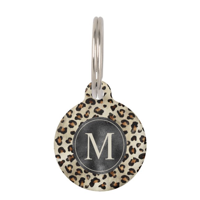Leopard-Tierdruckmuster in Beige und Monogramm Haustiermarke (Vorderseite)