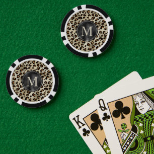 Leopard-Tierdruckmuster in Beige und Monogramm Pokerchips