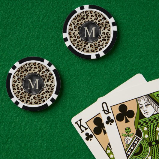 Leopard-Tierdruckmuster in Beige und Monogramm Pokerchips (Pokertisch (doppelt))