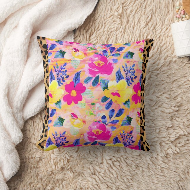 Leopard Trim Pink Blumenwirbel Kissen (Decke)