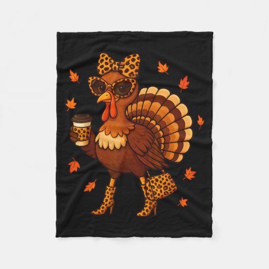 Leopard Turkey Drinking Coffee Thanksgiving Women Fleecedecke (Vorderseite)