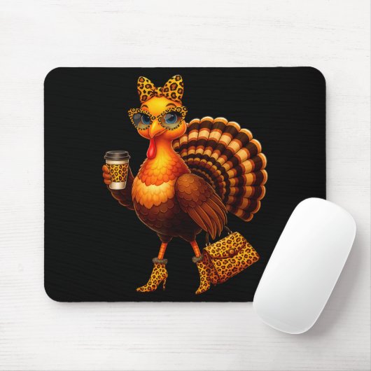 Leopard Turkey Drinking Coffee Thanksgiving Women  Mousepad (Mit Mouse)