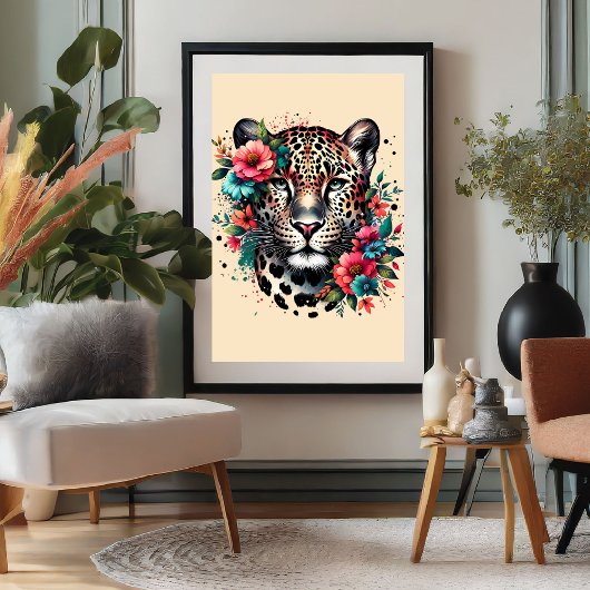 Leopard und Blume in Atemberaubendem Aquarellfarbe Poster