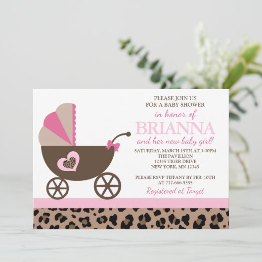 Leopard und Pink Carriage Baby Dusche Einladung (Stehend Vorderseite)