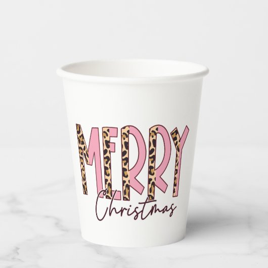 Leopard und Pink Frohe Weihnachten Pappbecher (Vorderseite)
