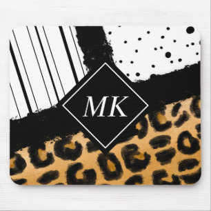 Leopard und Schwarz-Weiß-Polka-Punkte Mit Monogram Mousepad