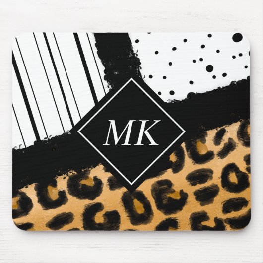Leopard und Schwarz-Weiß-Polka-Punkte Mit Monogram Mousepad (Vorne)