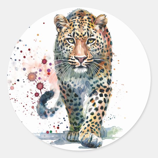 Leopard Walking Watercolor Runder Aufkleber (Vorderseite)