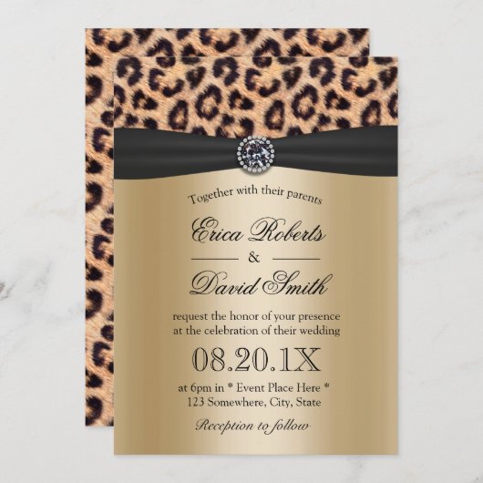 Leopard Wedding Luxury Black & Gold Einladung (Vorne/Hinten)