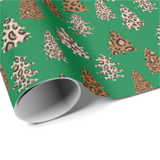 Leopard Weihnachtsbäume grün Geschenkpapier