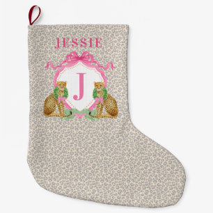 Leopard-Weihnachtskranz-Monogramm mit Namen Großer Weihnachtsstrumpf