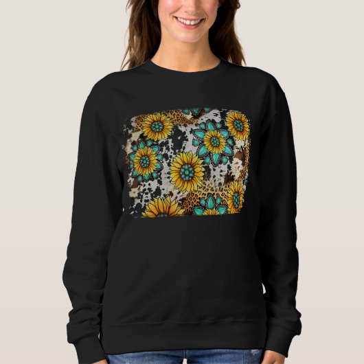 Leopard Western Rodeo Cowhide Gemstone Sonnenblume Sweatshirt (Vorderseite)