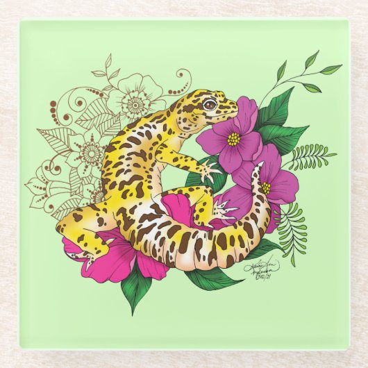Leopard Yellow Gecko Green Glasuntersetzer (Vorderseite)