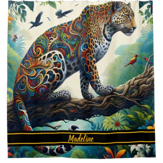 Leopard Zeal: Lebhafte Dschungel-Muster Duschvorhang (Vorderseite)