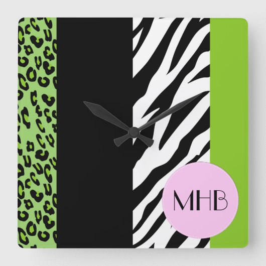 Leopard, Zebra, Tierdruck, grün, Monogramm Quadratische Wanduhr (Vorderseite)