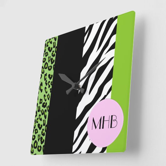 Leopard, Zebra, Tierdruck, grün, Monogramm Quadratische Wanduhr (Winkel)