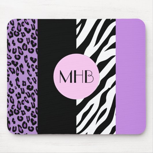 Leopard, Zebra, Tierdruck, Lila, Monogramm Mousepad (Vorne)