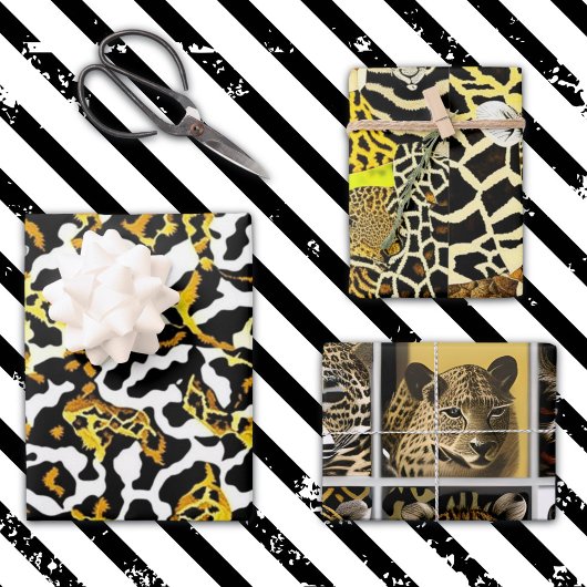 Leopard, Zebra und Giraffe Pelz Druckmuster Geschenkpapier Set
