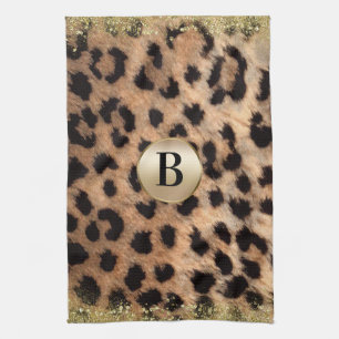 Leopardcheetah-Tierdruck-GoldGlitzer-Monogramm Geschirrtuch