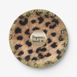 Leopardcheetah-Tierdruck-GoldGlitzer-Monogramm Pappteller