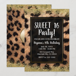 Leoparden Gepard Druck Gold Glitter Geburtstagsfei Einladung