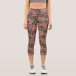Leoparden Käse Wilde Katze Rosa Blumenmuster Capri Leggings