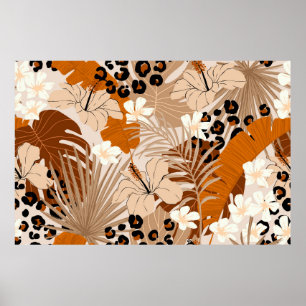 Leoparden tropische Blätter Hibiskus Blume nahtlos Poster