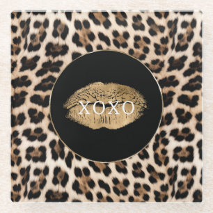Leopardendruck Goldene Lippen XOXO Glasuntersetzer