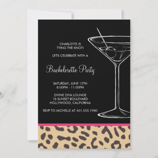 Leopardendruck Martini Bachelorette Einladung (Vorderseite)