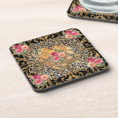 Leopardendruck mit Rose und vergoldetem Glitzer Getränkeuntersetzer (Linke Seite)