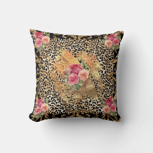Leopardendruck mit Rose und vergoldetem Glitzer Kissen (Vorderseite)