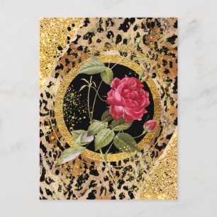 Leopardendruck mit Rose und vergoldetem Glitzer Postkarte