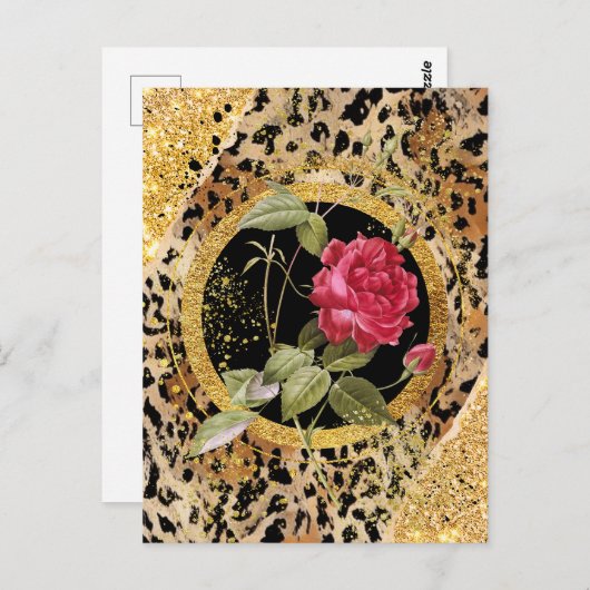 Leopardendruck mit Rose und vergoldetem Glitzer Postkarte (Vorne/Hinten)