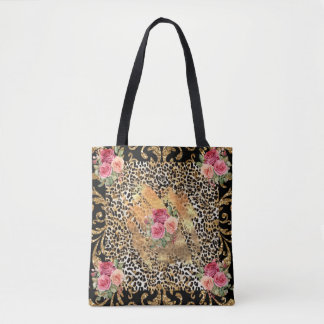 Leopardendruck mit Rose und vergoldetem Glitzer Tasche