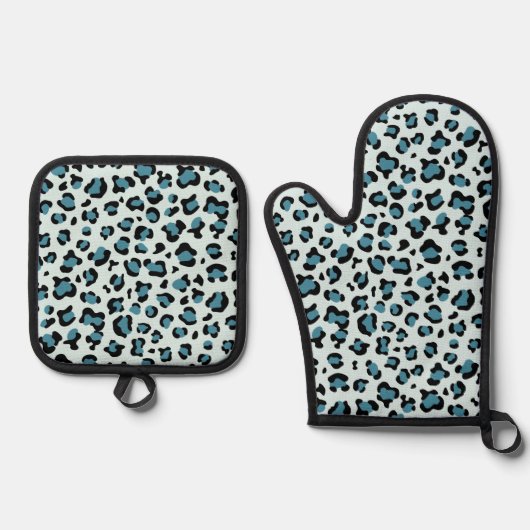Leopardendrucke, Leoparden-Spots, Blauer Leopard Ofenhandschuh & Topflappen-Set (Vorderseite)