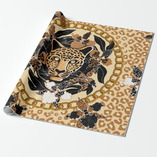 Leopardenkopf umgeben von Orchideen, Goldkette a Geschenkpapier
