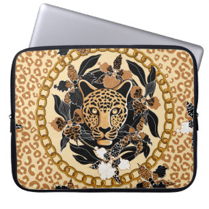 Leopardenkopf umgeben von Orchideen, Goldkette a Laptopschutzhülle
